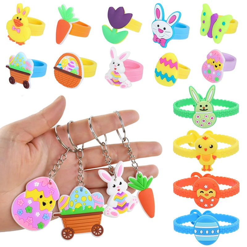 

Easter Rabbit Eggs Wristband Silicone Ring Keychains Kids Happy Easter Birthday Party Gift Favors Goodie Bag Basket Filler Toys