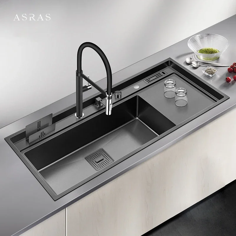 

ASRAS новая нанометровая кухонная мойка, раковина ручной работы, толщина 4 мм, глубина 240 мм, большой размер, одинарная кухонная мойка со сливной пластиной, раковины