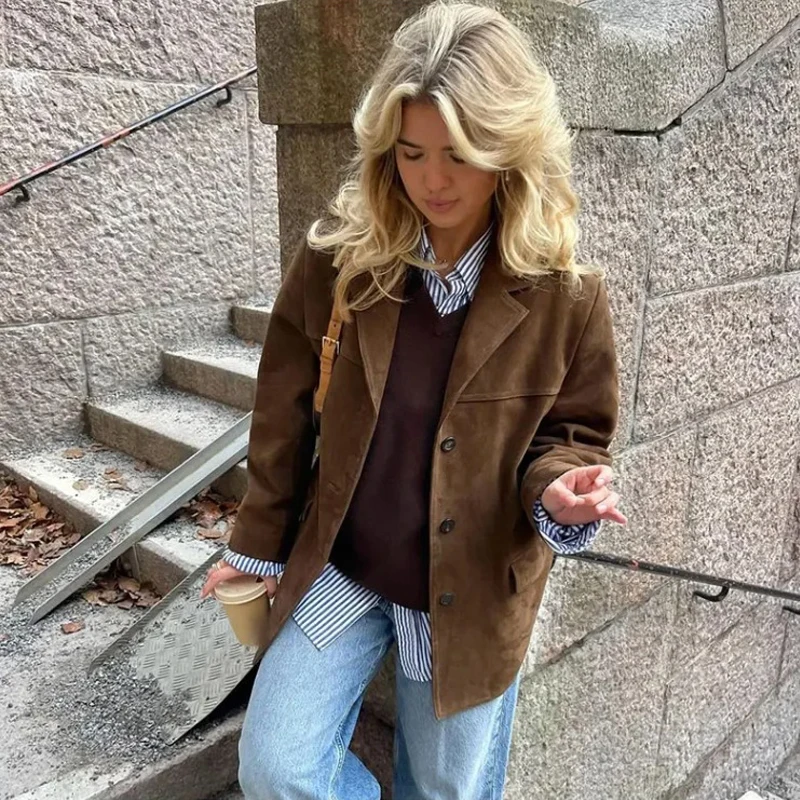 Vintage Suede Blazer แจ็คเก็ตฤดูใบไม้ร่วงฤดูหนาวผู้หญิงหลวม Single Breasted Coat กระเป๋าแฟชั่น Outwear Office Lady สั้น Coat