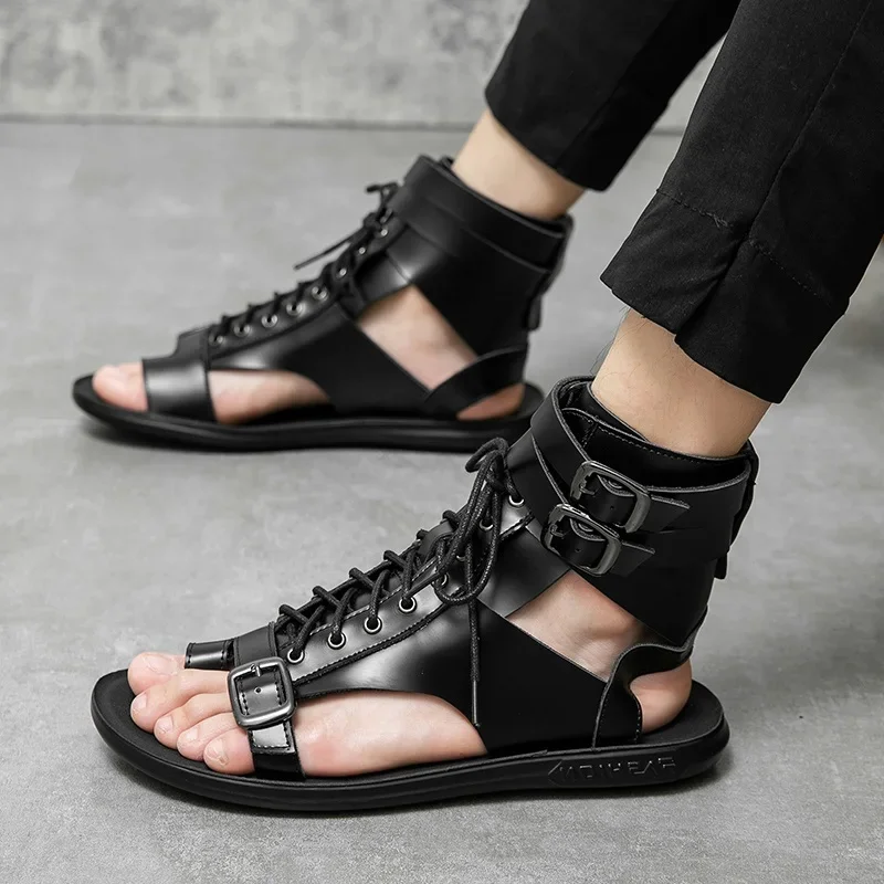 

Summer New Men Gladiators Lace Up Buckle Leather Casual Shoes Breathable Beach Sandals Outdoor Slippers Black White Plus Size