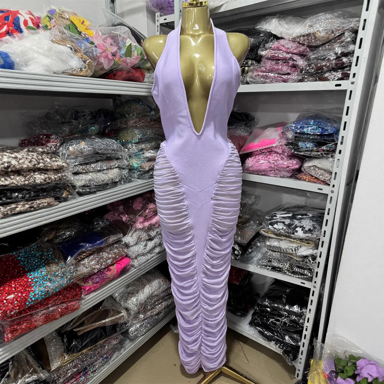 

European & American Style Women's Sexy Deep V-Neck Sleeveless Dress urple Fashion Patchwork Mesh High Waist Ruched Long Dress