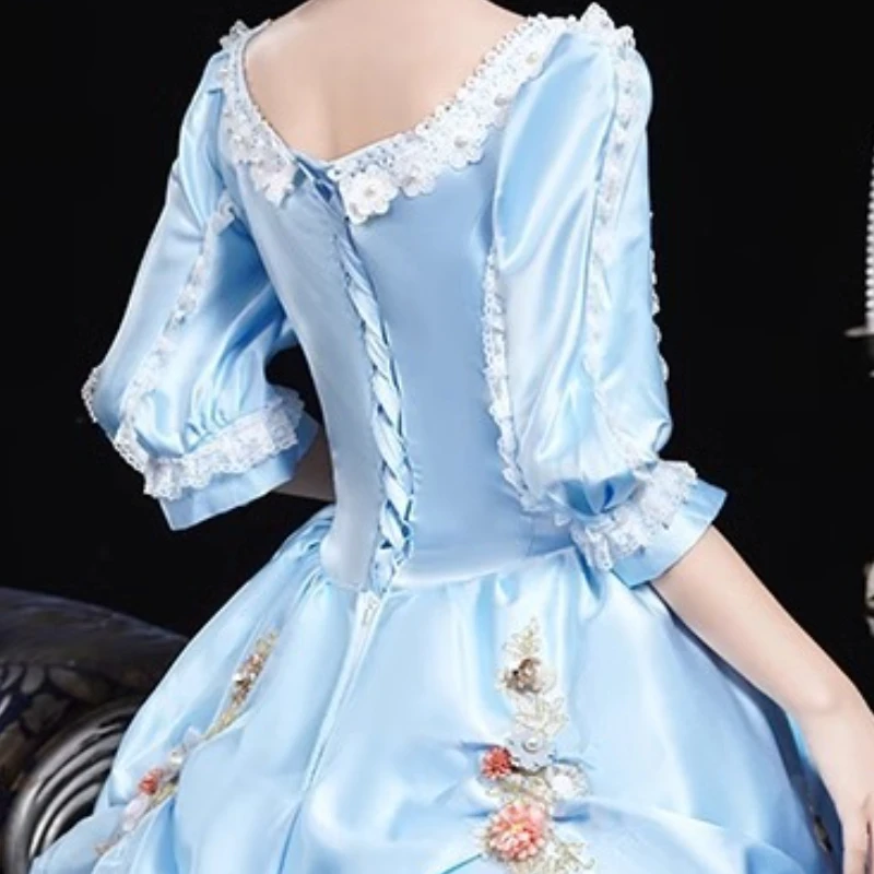 فستان المحكمة الأوروبية الزرقاء الراقية الرجعية صور المنصة أداء الدراما زي Vestidos Luxo Para Festa رداء Cérémonie فام