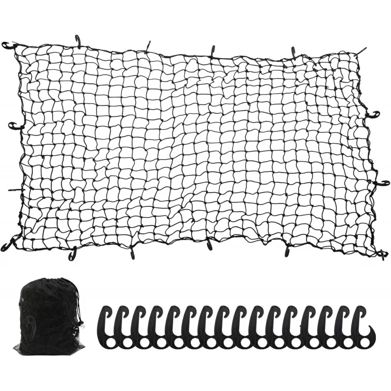 

Heavy Duty Cargo Net 7x5ft Stretch to 14x10ft Latex Bungee Mesh with 12 Adjustable Hooks for Truck Bed Roof Rack Carrier