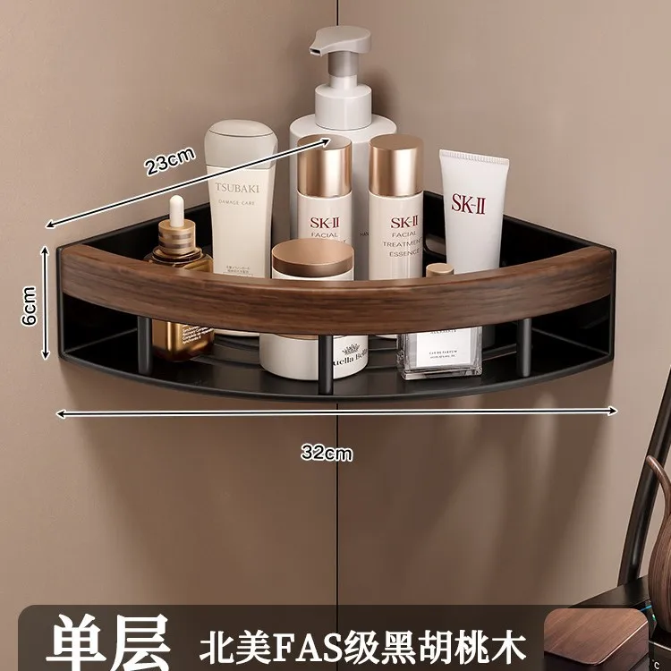 No Drill Walnut Wood Corner Bathroom Shelf Single Tier Wall Mounted Shower Organizer Stainless Steel Frame Adhesive Installation