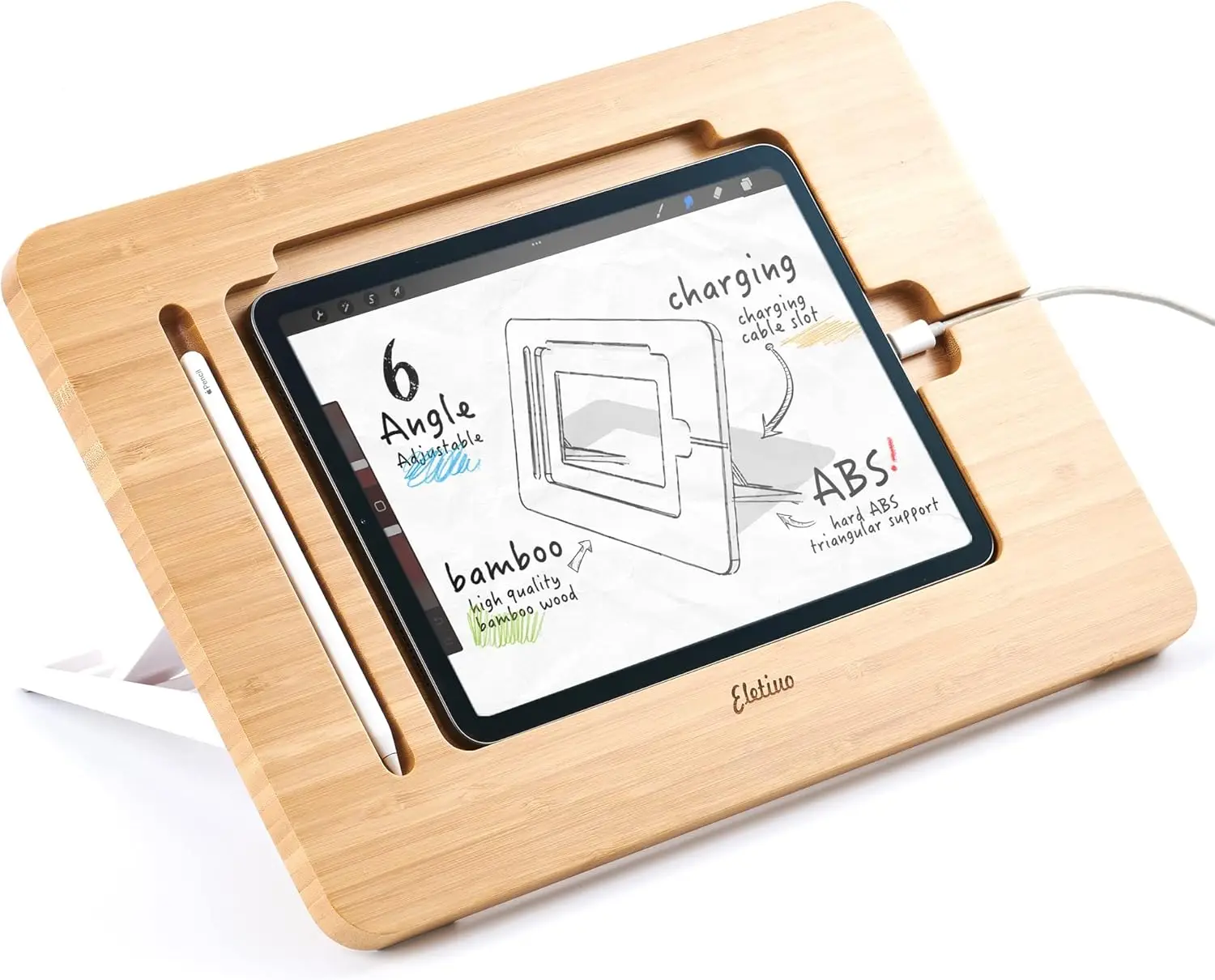 

Adjustable Bamboo Tablet Stand with Pencil Slot, Multi-Angle Holder for 9.7-11" iPads, Desktop Organizer