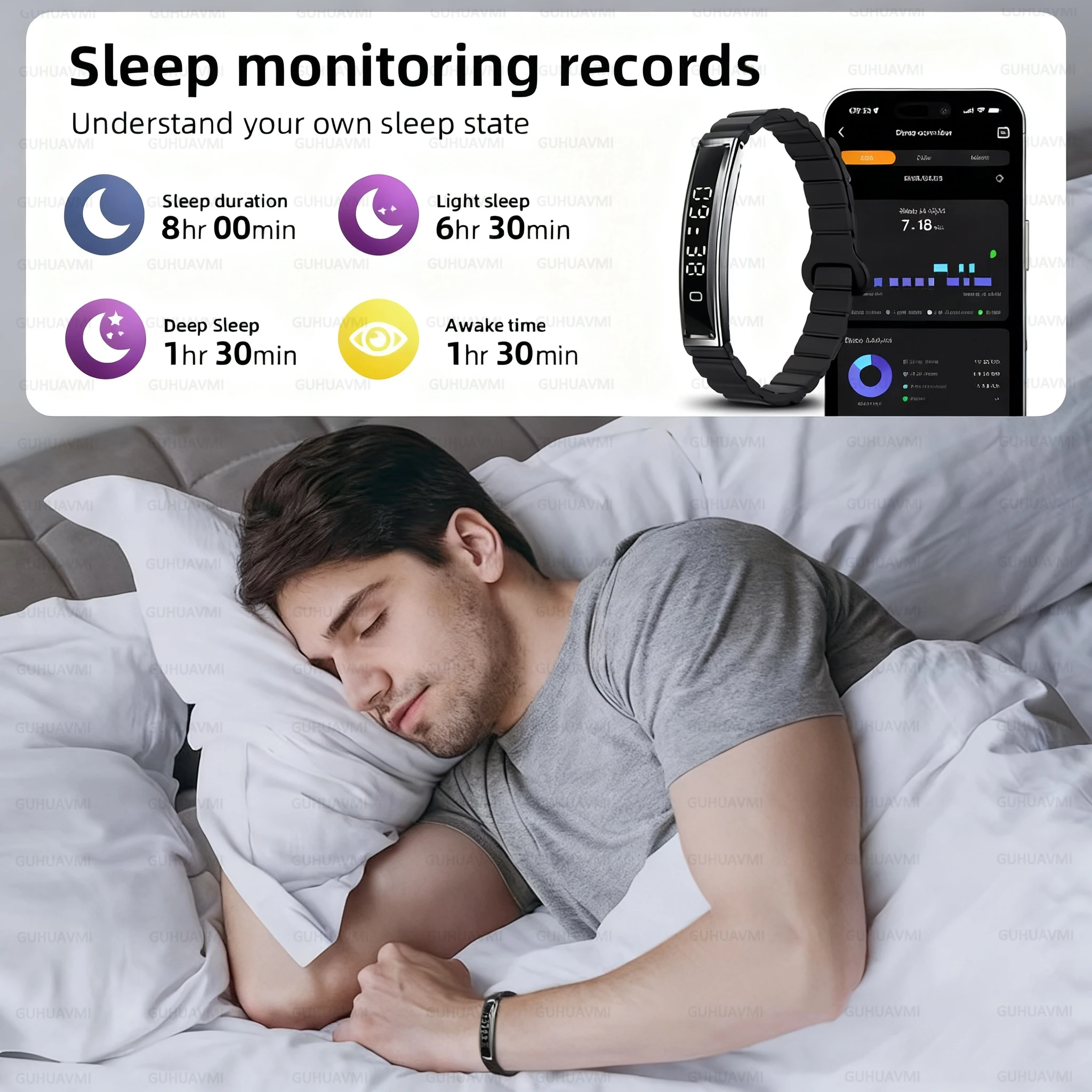 GUHUAVMI Smart Bracelet All-Round Health Tracking with Pressure Detection Heart Rate Blood Oxygen Step Count IP68 Waterproof Men