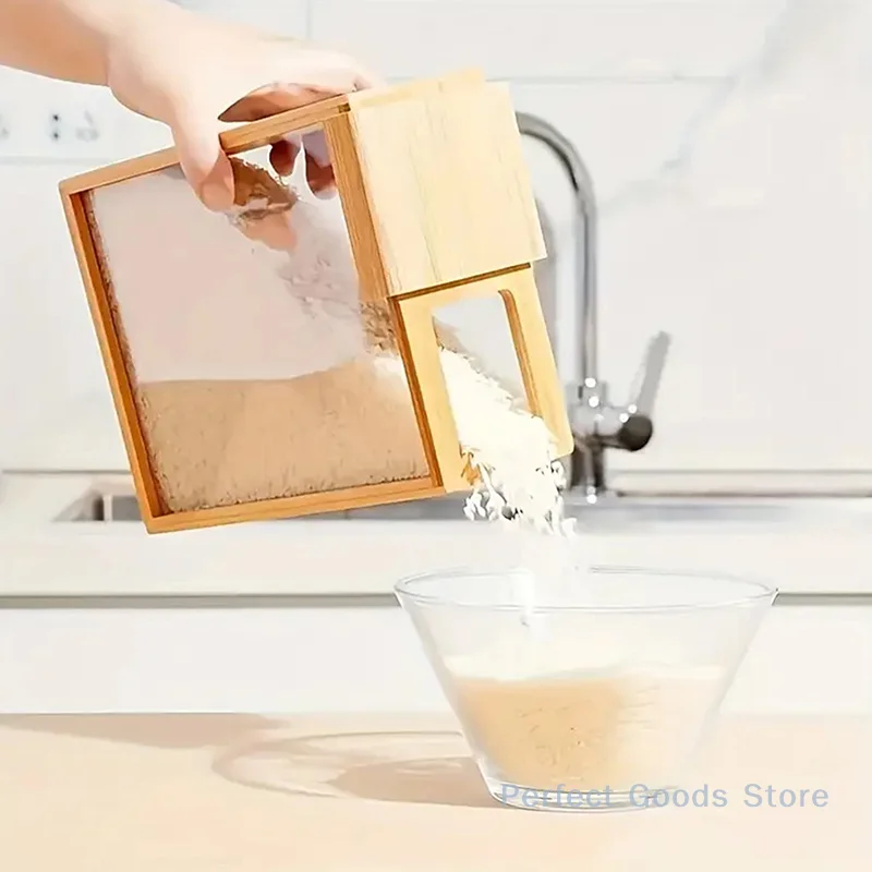 Bamboo Grain Storage Container Food Condiment Dispenser Transparent Sliding Lid Kitchen Storage Tank For Cereal, Rice, Flour