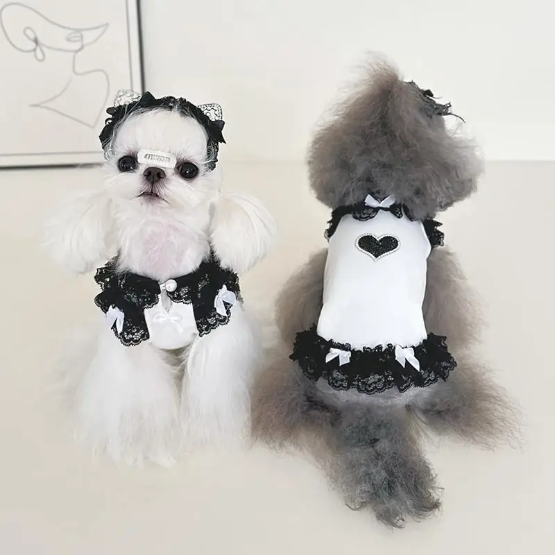 New Puppy Dog Home Wear Overalls Spring Soft Cotton Skirts Black White Lace Bow Dresses For Small Medium Dog Poodle Pet Clothes