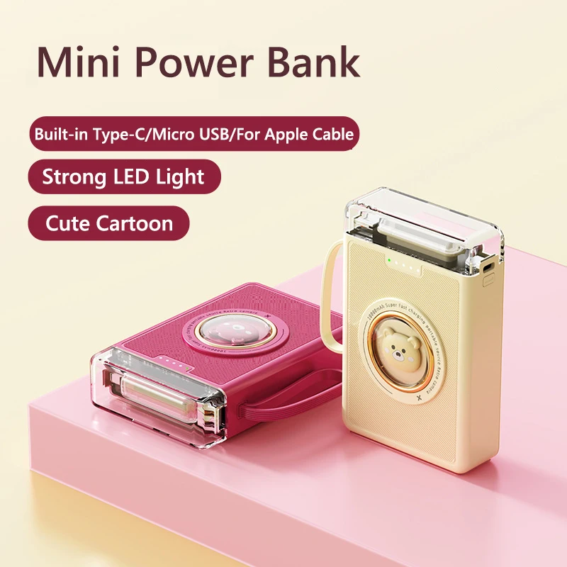 20000mAh Cute Cartoon Power Bank Built in 4 Cable Portable Battery Charger LED Light Powerbank External Battery Pack Power Bank