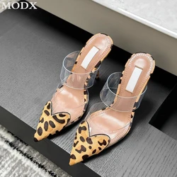 Stiletto Pointed Toe Leopard Sandals Transparent PVC Heart-shaped High Heels 2024 Summer Sexy Genuine Leather Fashion Slippers