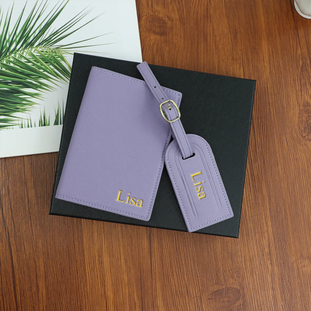 مجموعة اسم مخصصة، حامل جواز سفر من جلد Safiano PU للجنسين وصندوق هدايا لبطاقة الأمتعة #3