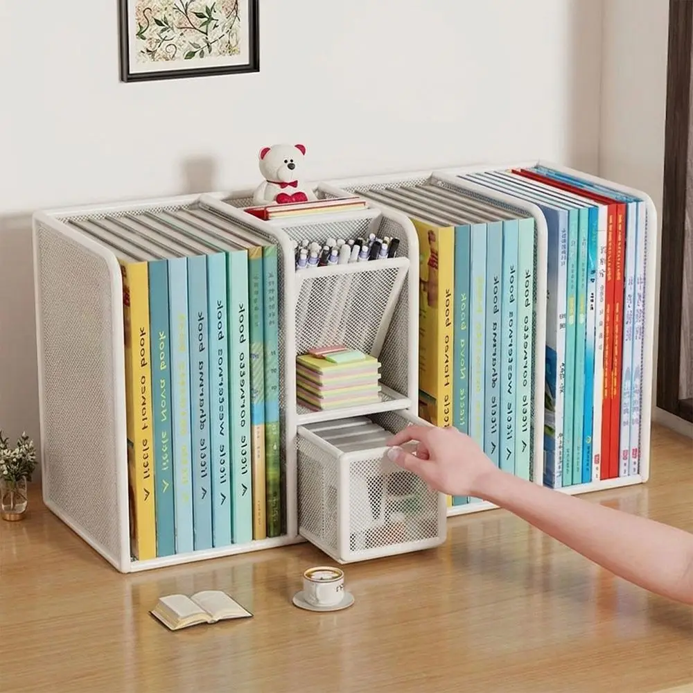 metal-desk-book-rack-mesh-structure-pull-out-drawers-desk-stationery-organizer-with-pen-holder-and-pull-out-drawers