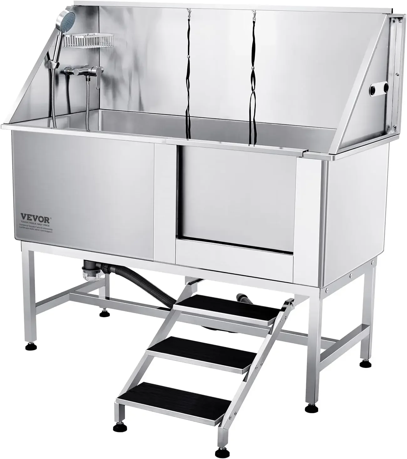 

62" Pet Dog Bathing Station w/Stairs, Professional Stainless Steel Dog Grooming Tub w/Soap Box, Faucet,Rich Accessory