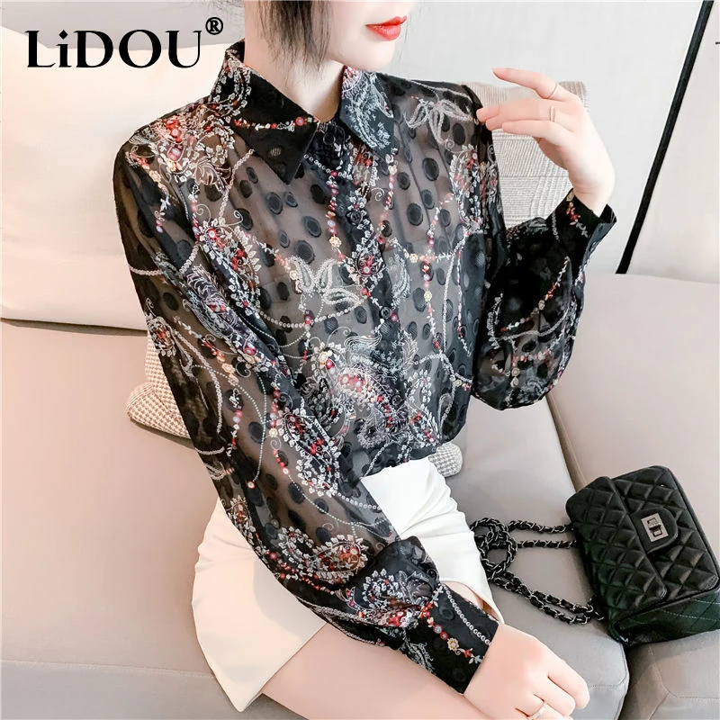 

Spring Summer Streetwear Printing Single Breasted Chiffon Shirt Female Long Sleeve All-match Elegant Fashion Blouse Top Women