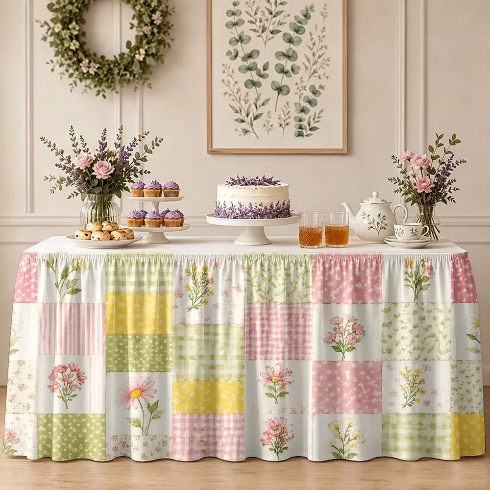 One-piece set with tablecloth decoration. Soft-colored floral patchwork overlock pattern printed ruffled edge tablecloth.