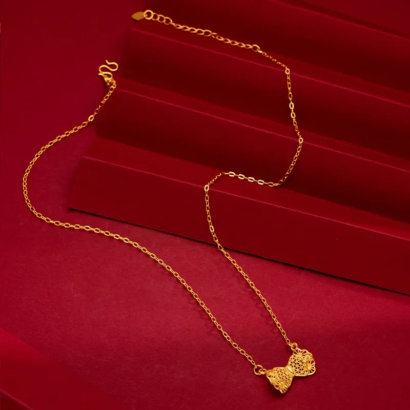 

9999 Real Gold 24K Fashion Bow Necklace Female Gentle Cute Bow Set Chain