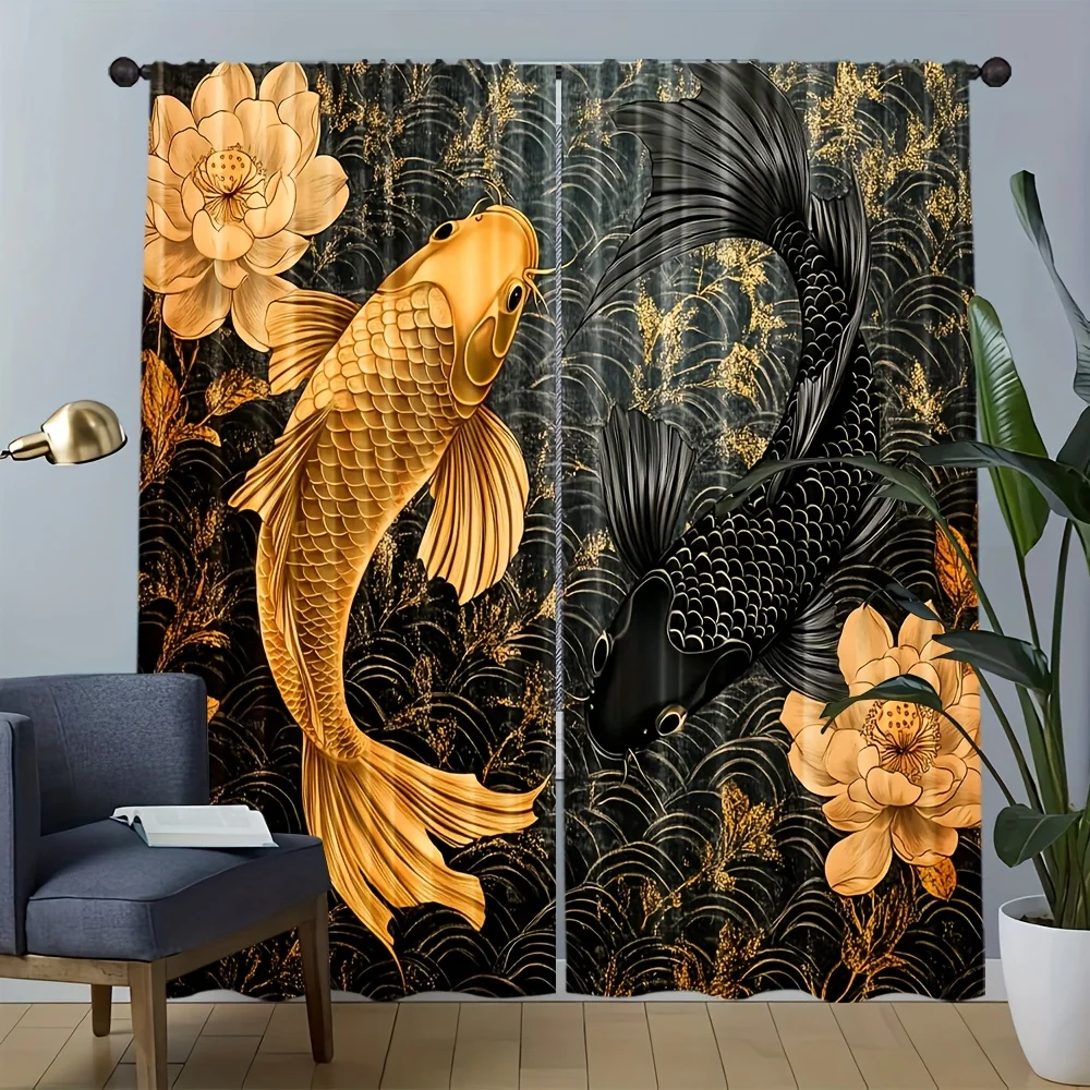 Golden Koi Fish Black Curtains Japanese Style Home Decor Elegant Lotus Pattern Window Drapes Asian Artistic Interior Fashion