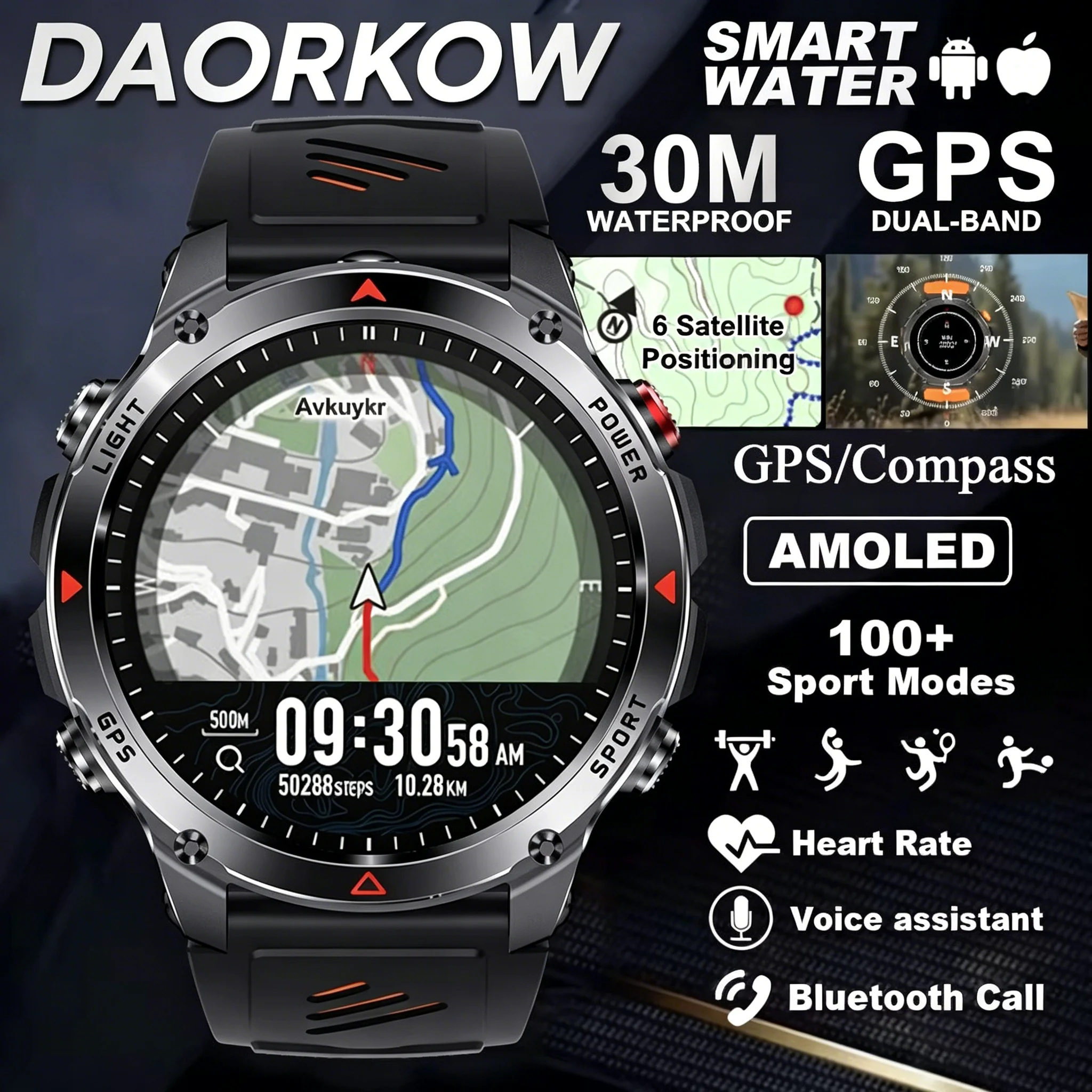 

Умные часы DAORKOW 570 мАч с GPS, водонепроницаемые (3ATM), AMOLED-экран, многодиапазонный GNSS, компас, альтиметр, фонарик, спортивные смарт-часы для мужчин