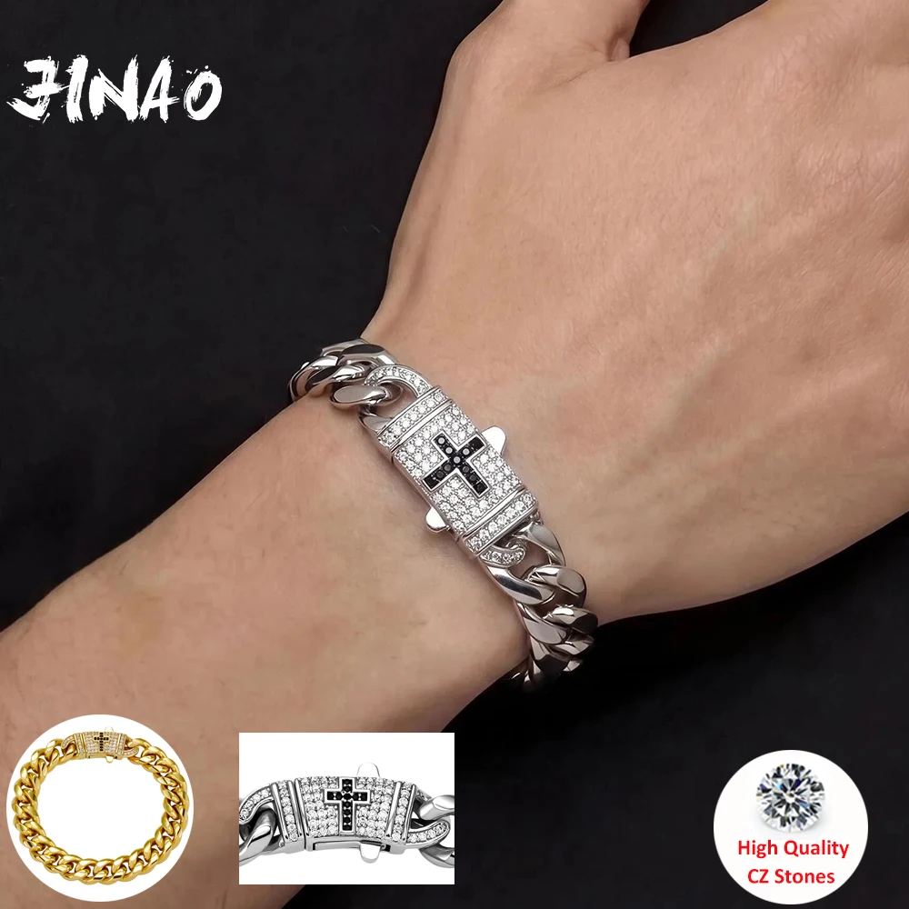 JINAO Hip Hop 10mm Stainless steel Cuban Bracelet Iced Black CZ Cross Spring Box Clasp luxury Fashion Jewelry Man Rapper Gift