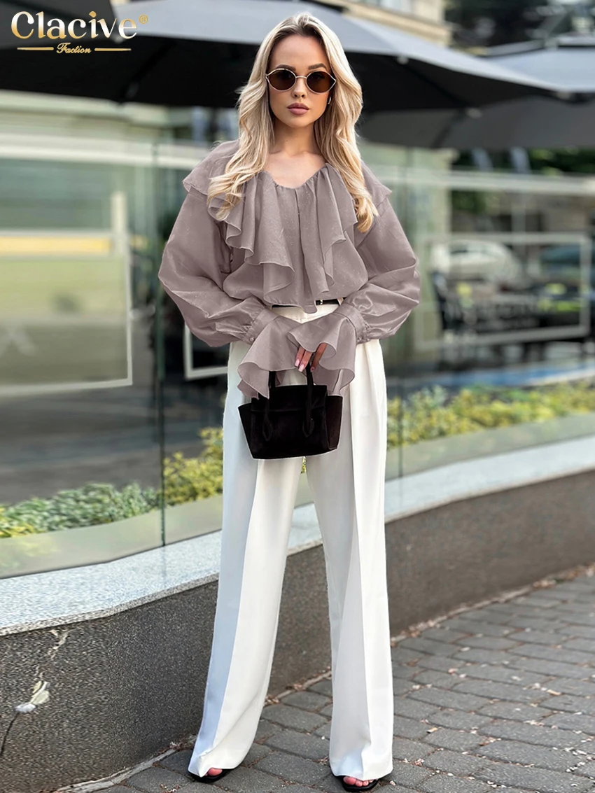 Clacive Fashion Loose Khaki Women's Shirt 2025 Casual V-Neck Long Sleeve Shirts Elegant Classic Ruffles Tops Female Clothing
