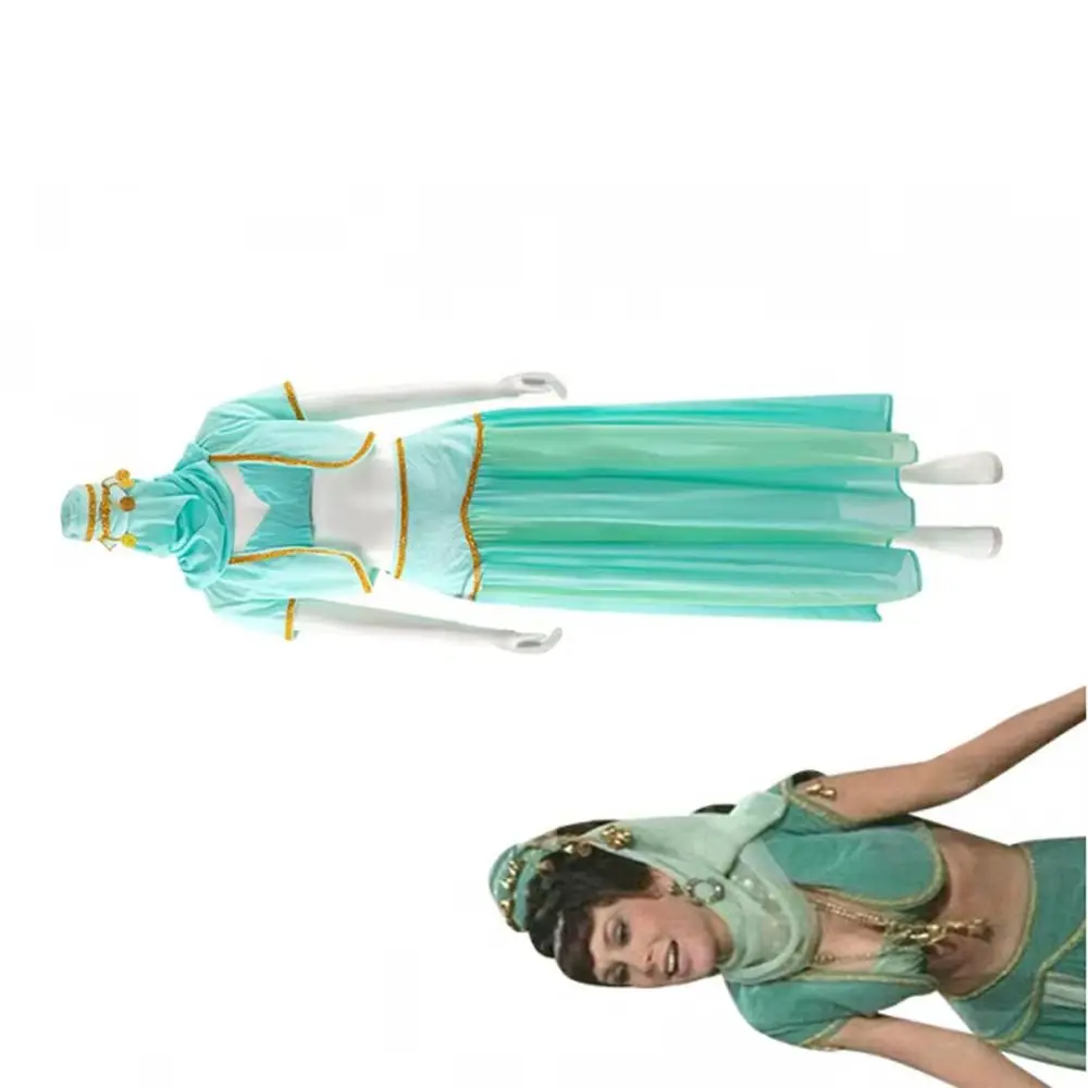 

I Dream of Jeannie Cosplay Costume Jeannie II Green Bra Cardigan Short Coat Long Skirt with Headwear Halloween Dancing Suits
