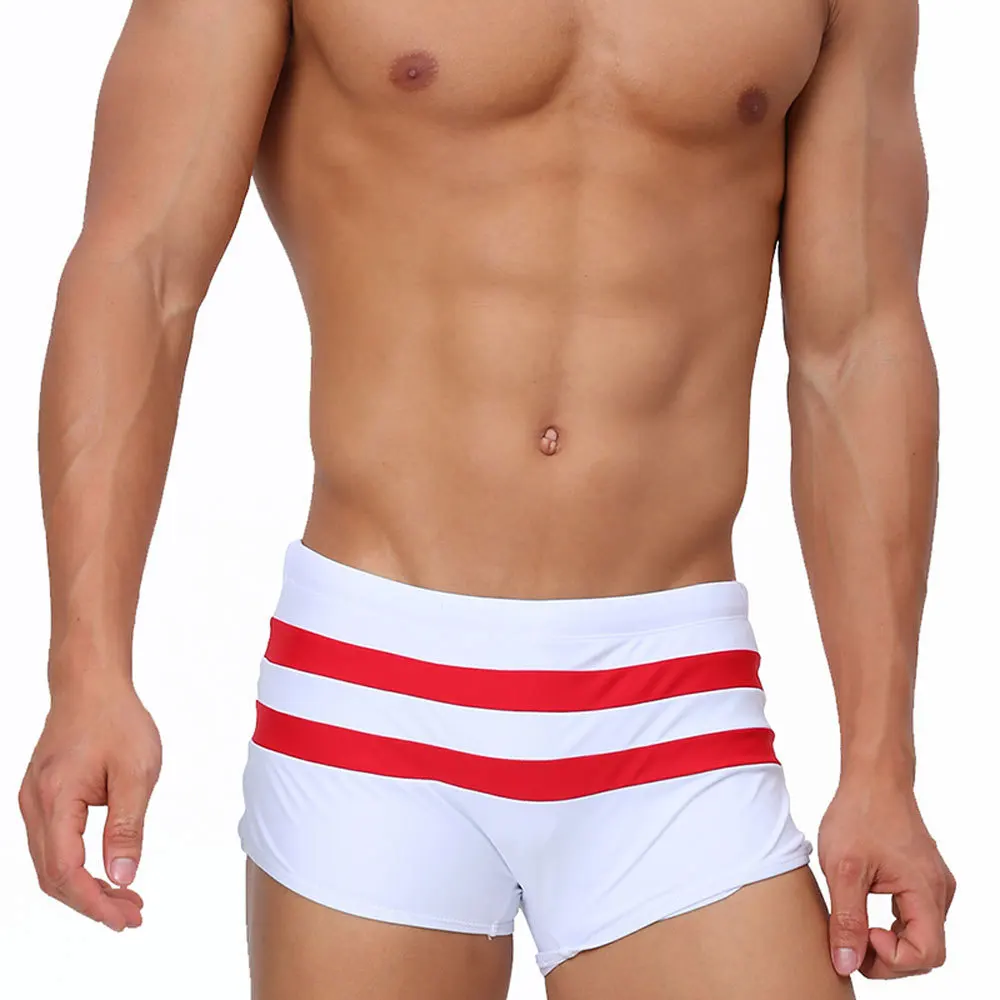 

Men's striped splicing solid color boxer swim shorts back zipper pocket simple thickened fitness boxer quick drying pants men