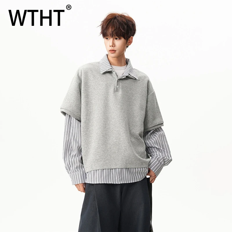 

Мужская футболка WTHT с эффектом двухслойности, в полоску, модная, весна 2026, с отложным воротником, свободного кроя, пуловер, модель 2A2679