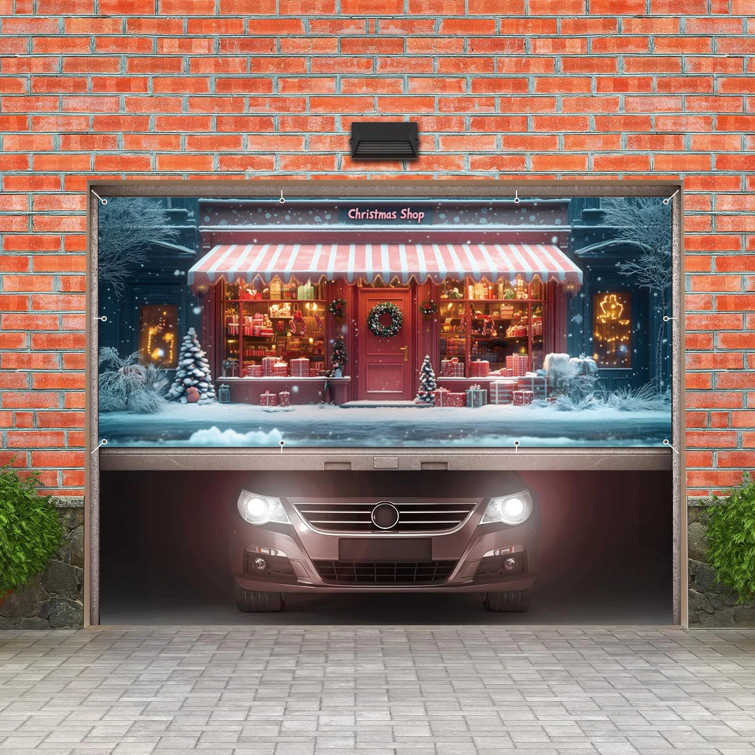 عيد الميلاد متجر المرآب جدار خلفية لافتات الشتاء بريق هدية متجر شجرة عيد الميلاد باب المرآب الإطار للديكور فناء في الهواء الطلق