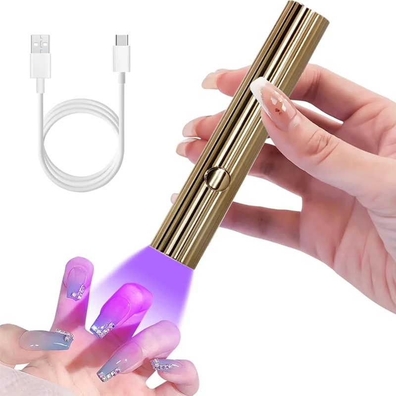 Mini UV LED Nail Dryers 3W Portable Quick Nail Drying Lamp USB Rechargeable Mini Flashlight Pen, Easy Install Gold