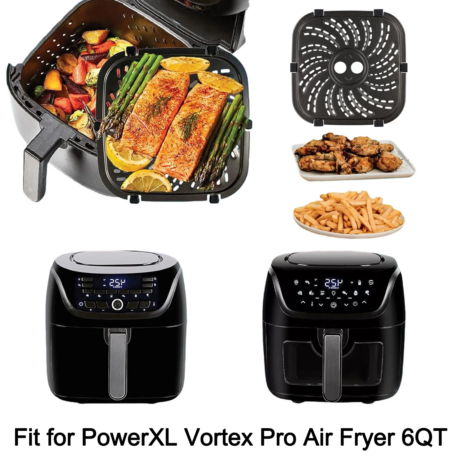 8QT Air Fryer Grill Pan for PowerXL For Vortex Pro Carbon Steel with 6 Rubber Tabs for Enhanced Cooking Performance