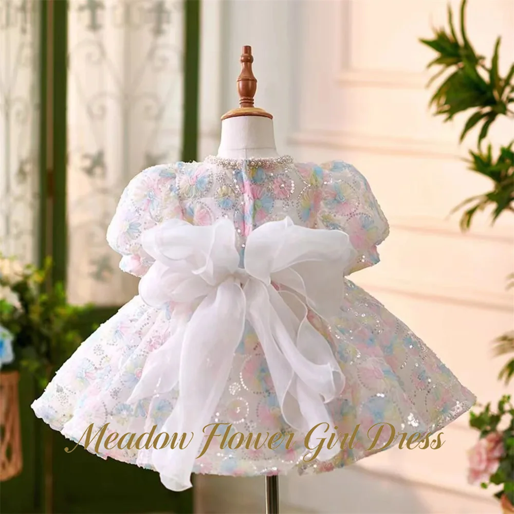 Meadow Multicolor Children Birthday Wedding Gown Puffed Sleeve First Communion Dresses with Bow Evening Party Gown for Girls