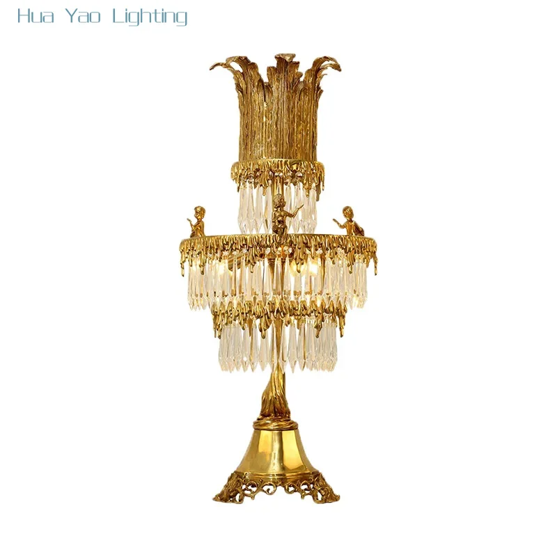 French Royal Elegant Living Room Restaurant Brass Crystal Table Lamp European Unique Hotel Bedside Gold Desk Lamp