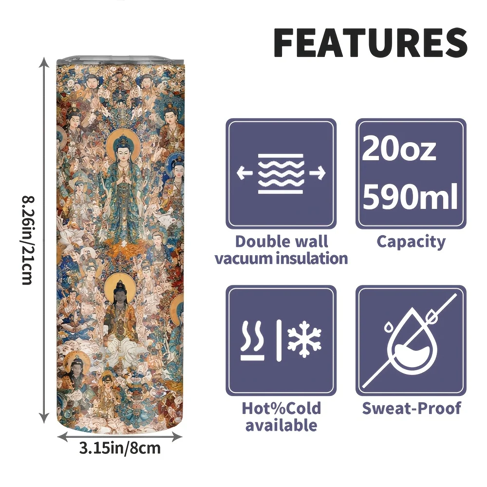 1pc/20oz/590ml/Double Wall Stainless Steel Insulated Skinny Tumbler with Straw And Lid,Outdoor Travel Coffee Mug,Intricate Traditional Sacred Figure Motif,Rich Blue-Golden-Red Color Palette,Festive Decorative Artwork,Special Gifts for Friends