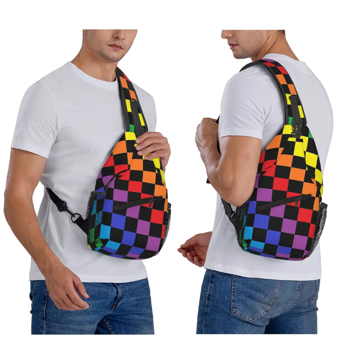 

Checkered Rainbow Black Chest Bag Men Sling Crossbody Backpack Chest Bag Traveling Hiking Daypack Shoulder Bag