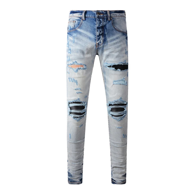 Fashionable new light blue jeans washed with nostalgia, ripped black leather patch elastic slim fit jeans, high street designer