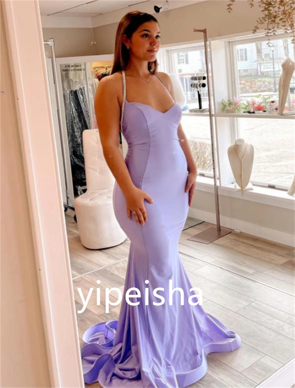 Sexy High Quality Halter Mermaid Quinceanera Dresses Beading Hugging Floor length Skirts Charmeuse Evening Dresses فساتين السهرة