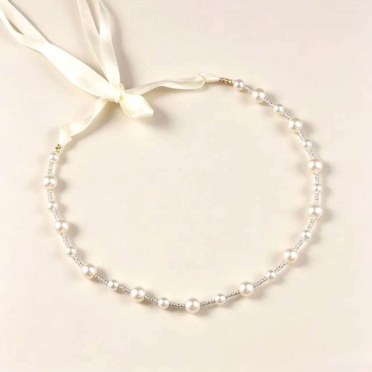 Women Simulated Pearl Choker Necklace Satin Bow Tie Adjustable Ribbon Hand‑beaded Neck Chain Bridal Wedding Evening Party Costum