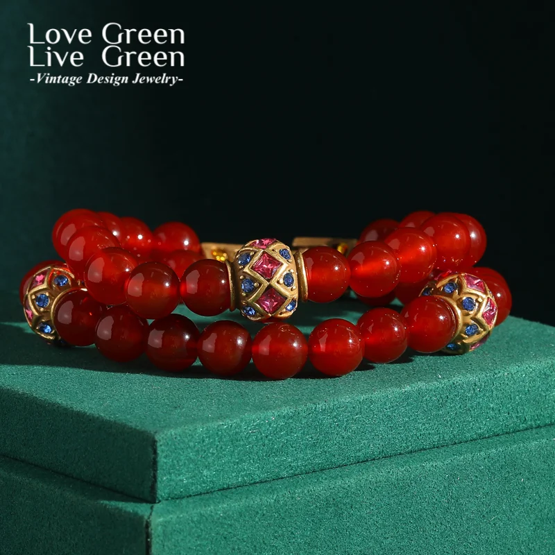 

Vintage Layered Red Agate Beaded Bracelets For Women Gold Color Rhinestones Ball Luxury Jewelry Designers Summer Accessories