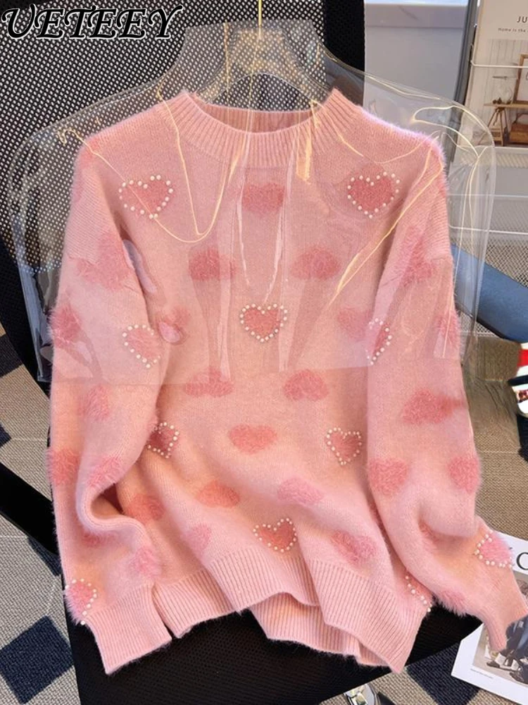 

Heavy Industry Love Beaded Sweater Women's Long Sleeve Autumn and Winter Round Neck Loose Western Style Niche Pink Pullover