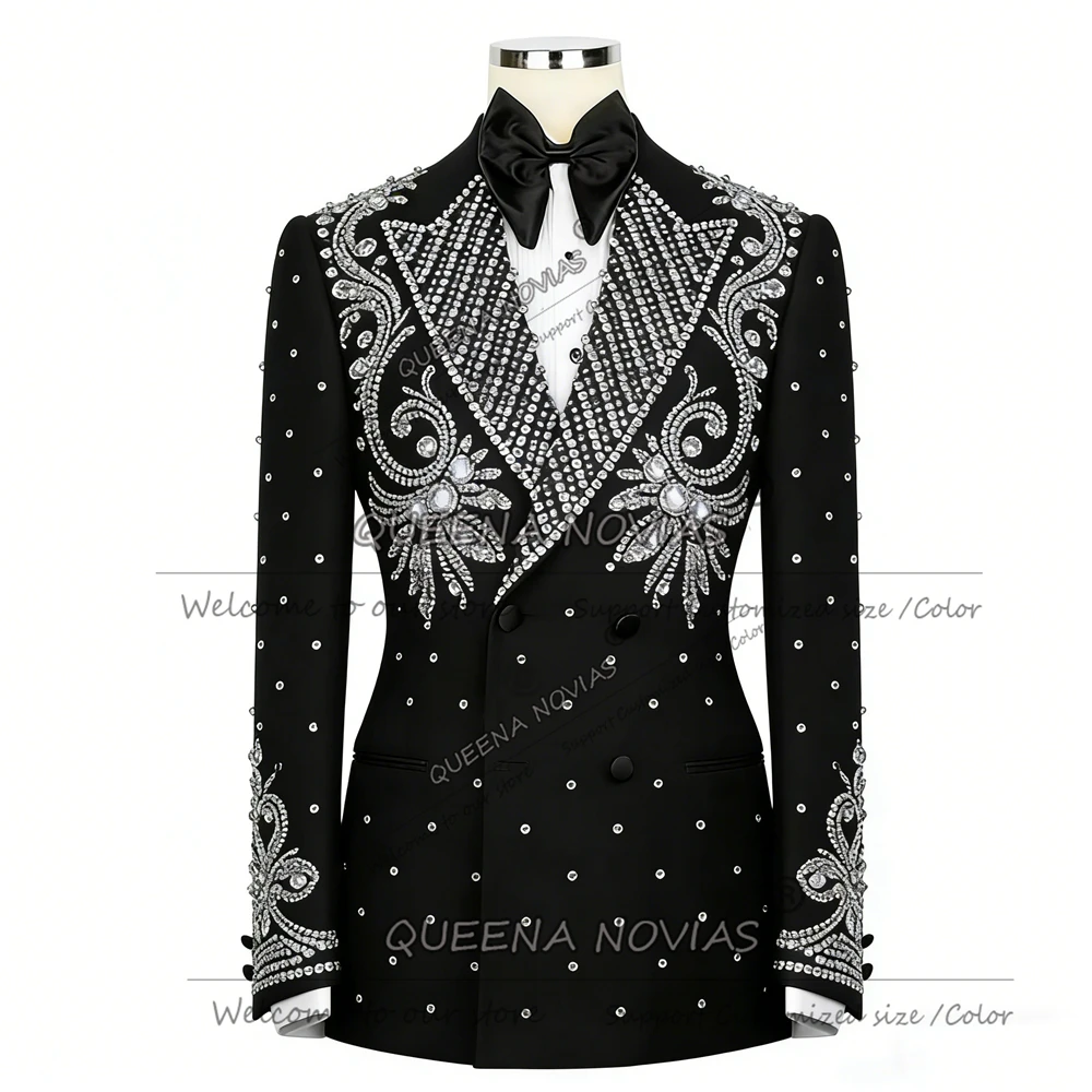 Exclusive Beaded Crystals Suits Men For Wedding Double Breasted Jacket Pants 2 Piece Set Rhinestone Groom Tuxedos Ropa Hombre