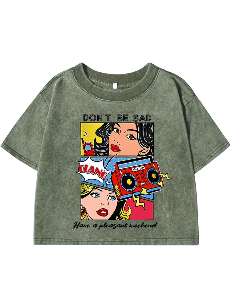 Cartoon Beauty Character Print Women Washed Short Clothing Breathable Summer T-Shirt Street Fashion Tops Harajuku O-Neck Tshirt