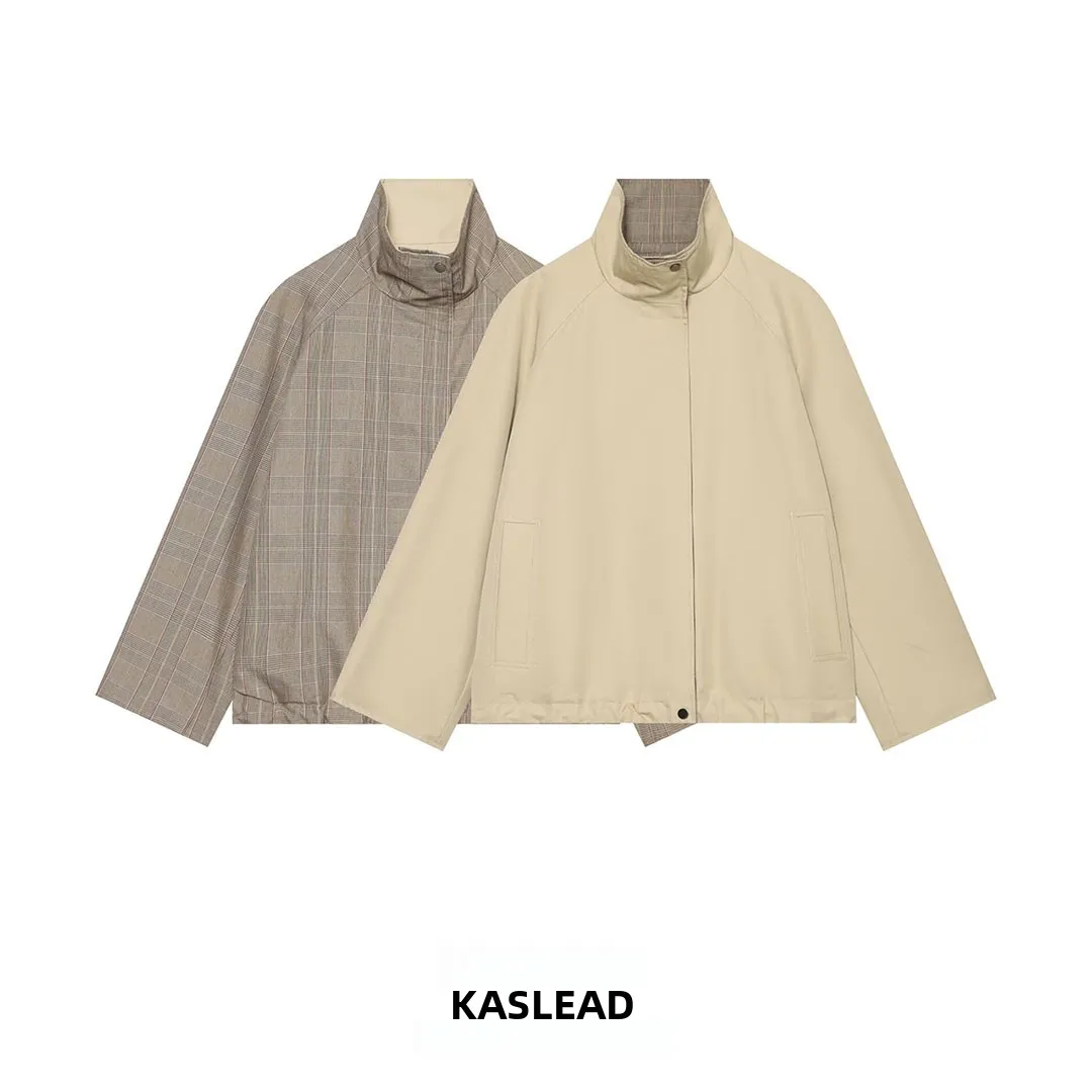 KASLEAD Women's Short Coat Reversible Versatile Style Long Sleeve Zipper Closure Plaid Pattern Polyester Fiber 2026 Autumn Fa...