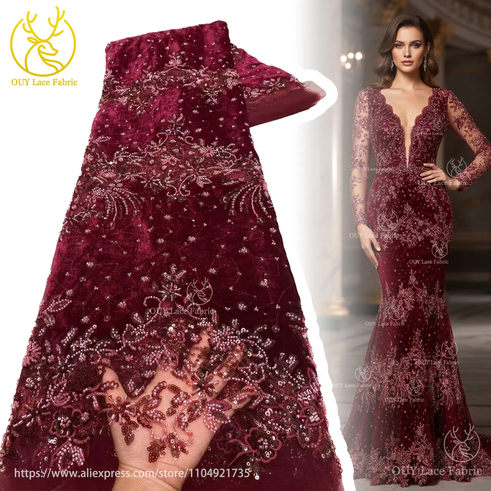 

Burgundy African Velvet Embroidery Beaded Lace Tulle Fabric 2025 French Sequin Lace Fabric for Women's Dresses Wedding Dresses