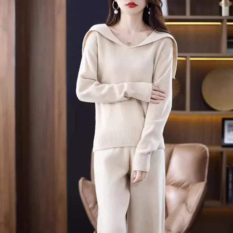 2023 Autumn/Winter New European Cashmere Sweater Set Women Polo Neck Two Piece Set Knitwear Shawl Bottom Coat Wide Leg Pants