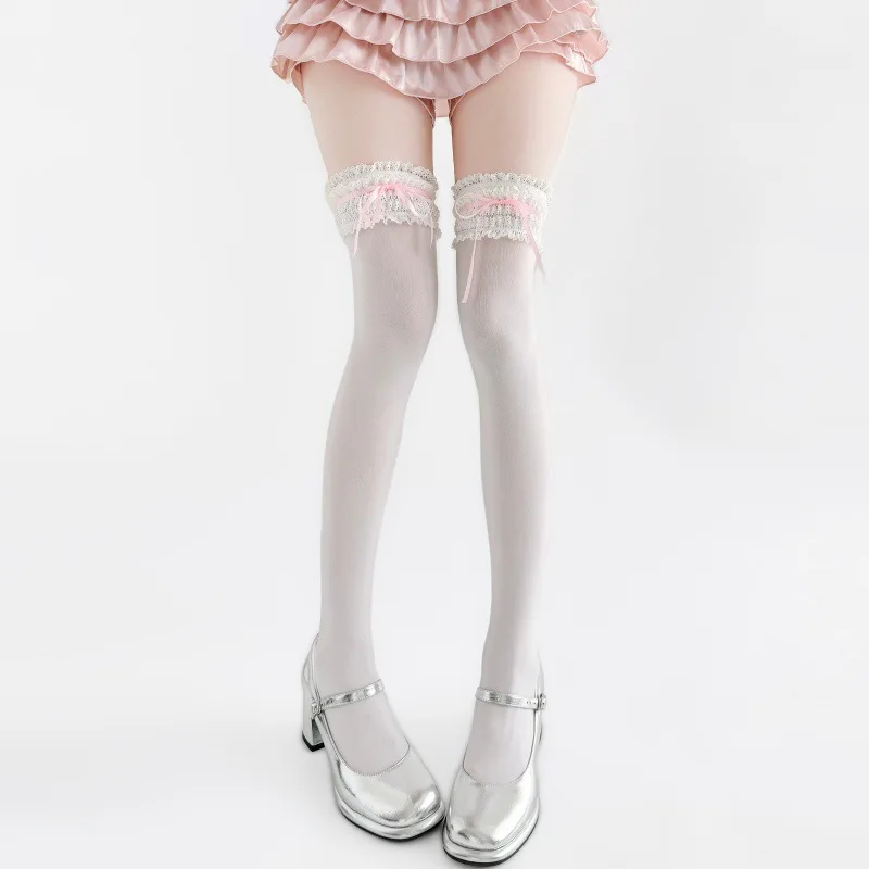 Sweet Lolita White Over Knee Socks Lace Fringe With Ribbon Bow Decor Japanese JK Aesthetic Stretch Versatile Female Hosiery