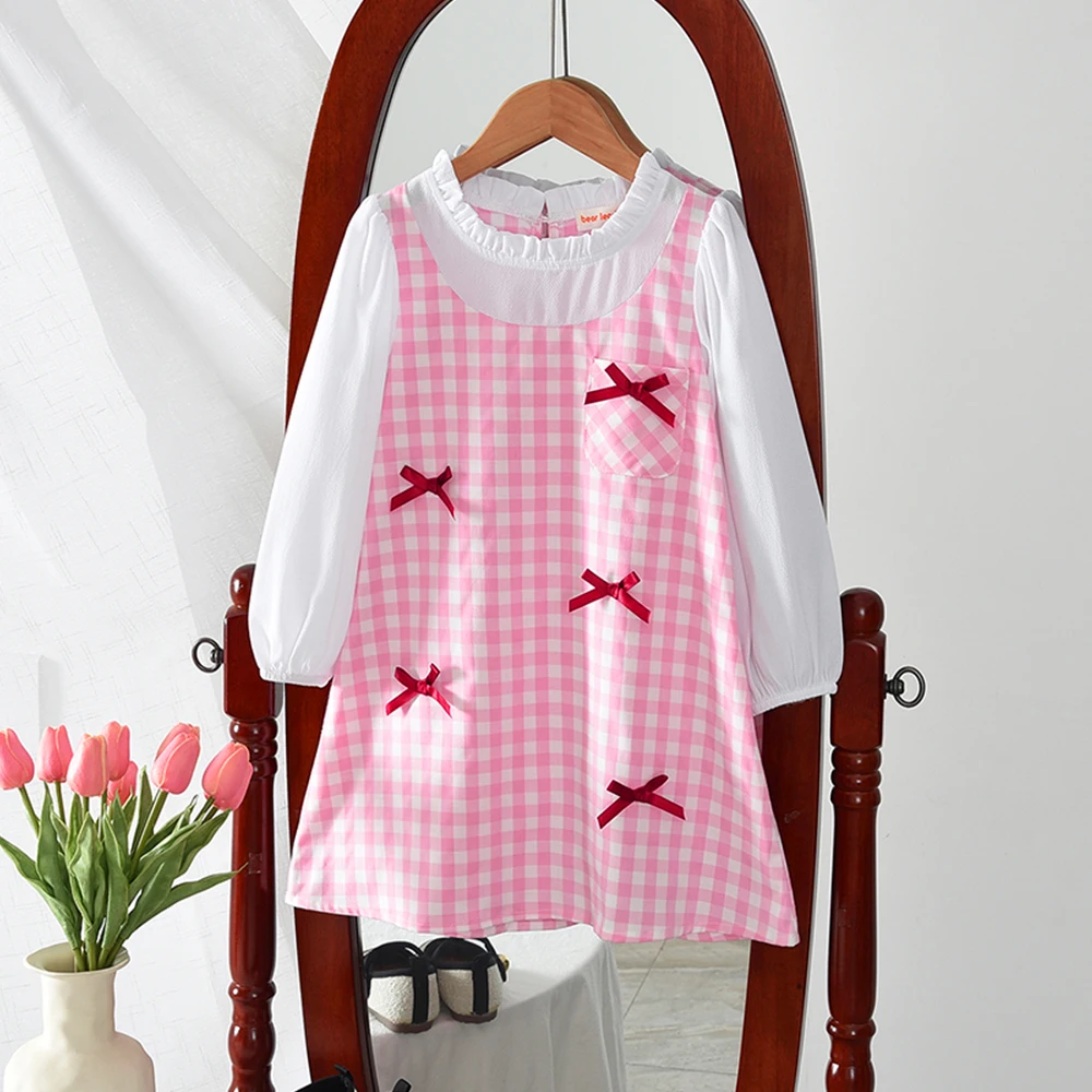 

Autumn New Pink Sweet and Cute Girl Casual Clothes Round Neck Long Sleeved Color Blocked Plaid Dress with Bow Decoration