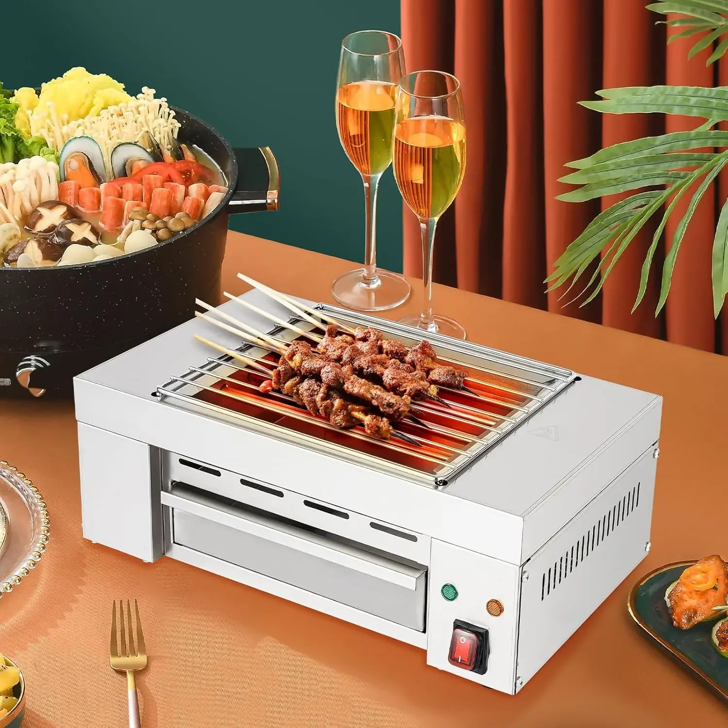 

Indoor Barbecue Electric Grill 1500W Commercial Korean BBQ Grill with Metal Tray, Barbecue Clip, Removable Grill Mesh Family Use
