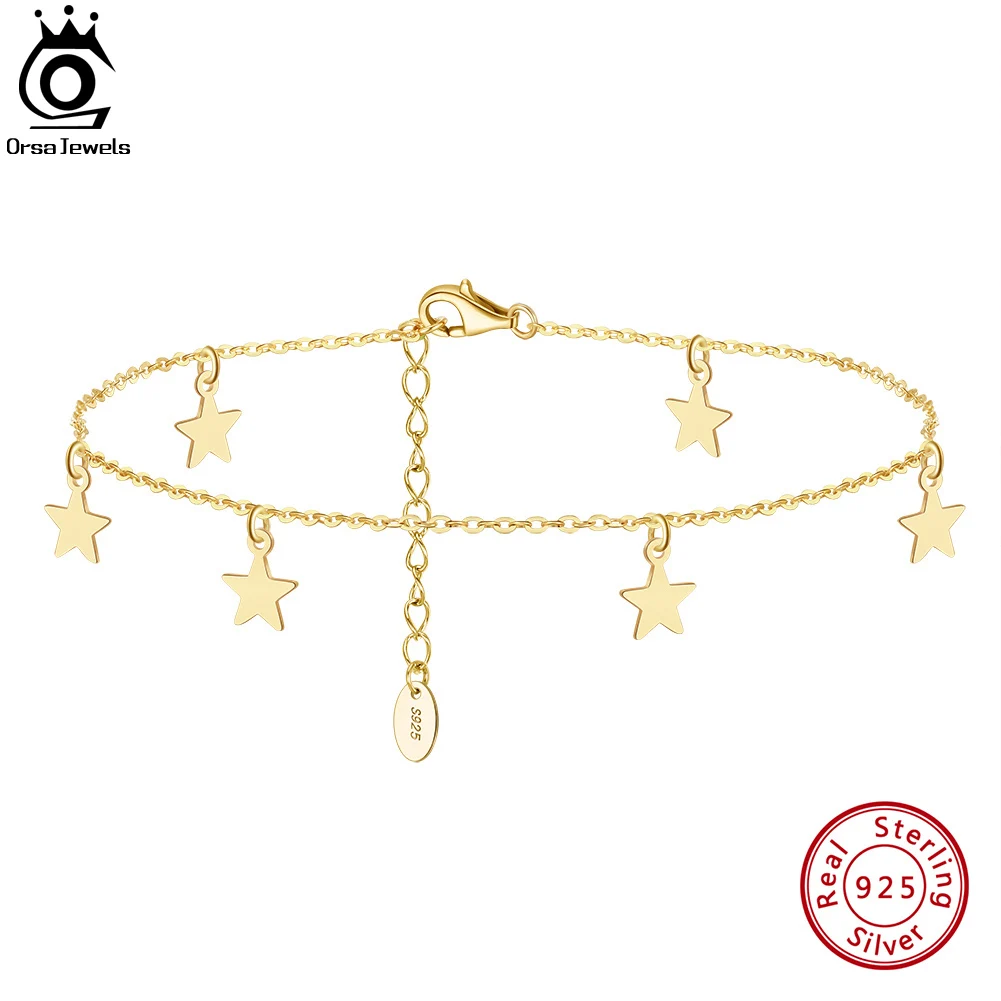 ORSA JEWELS 925 Sterling Silver Star Anklets dla kobiet dziewczynki letnie Boho Beach Anklets regulowane łańcuszki na nogę biżuteria SA27