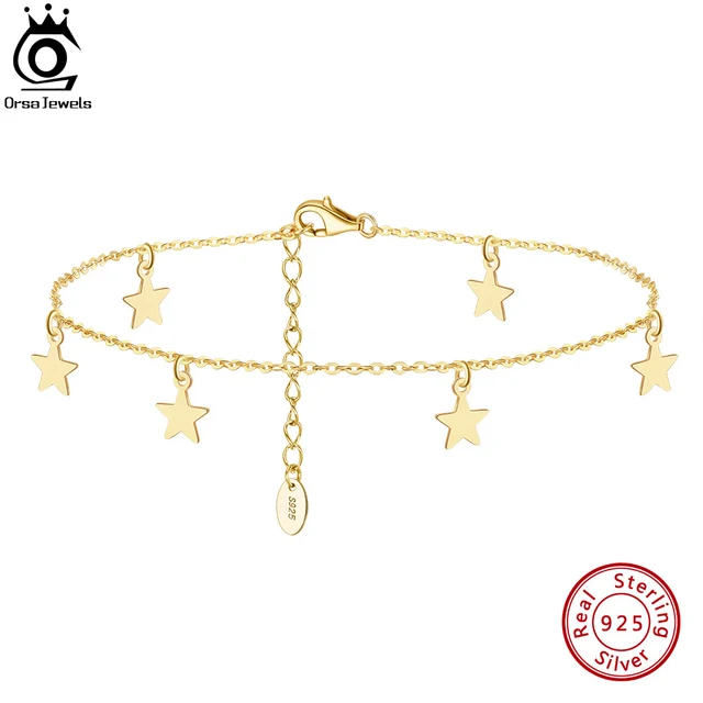 ORSA JEWELS 925 Sterling Silver Star Anklets dla kobiet dziewczynki letnie Boho Beach Anklets regulowane łańcuszki na nogę biżuteria SA27