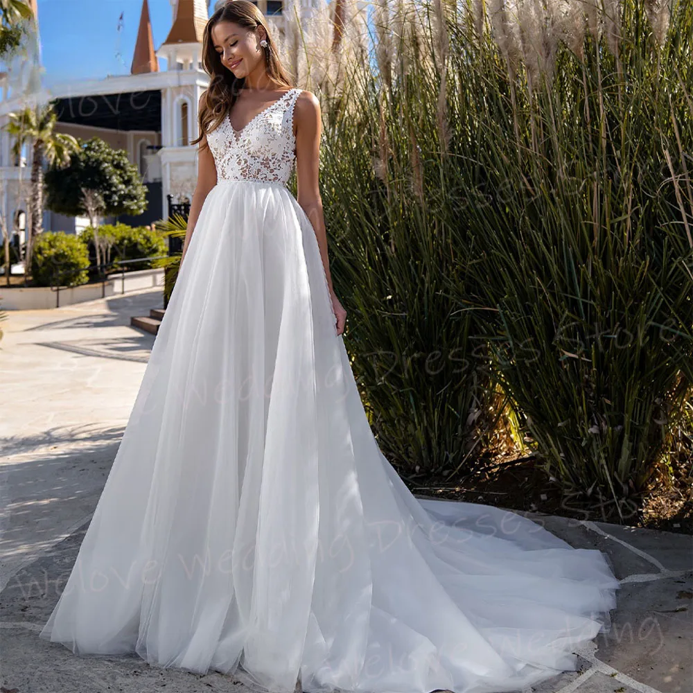 Vestidos De Novia bohemios para mujer, vestido De Novia De encaje con apliques elegantes, cuello en V, sin mangas, espalda descubierta